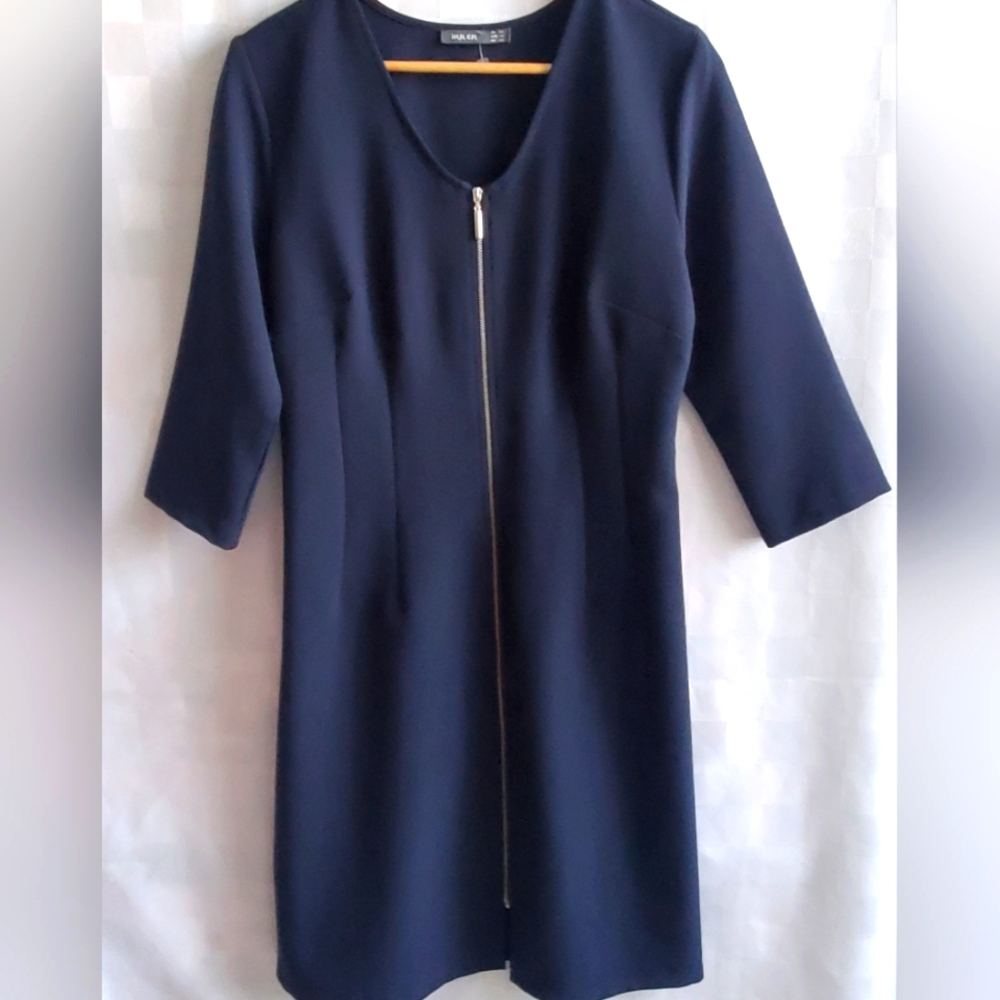 Basic Go-to Fitted Dress Navy Blue Zip Up 3/4 Sleeve Office Evening Event Size40